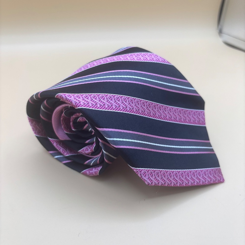 Diane Katzman Real Men Wear Pink Breast Cancer Awareness Silk Tie Navy Stripe